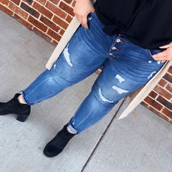 ✨PLUS🔥KanCan Distressed Button Front Jeans Dark Size XL - Picture 1 of 10